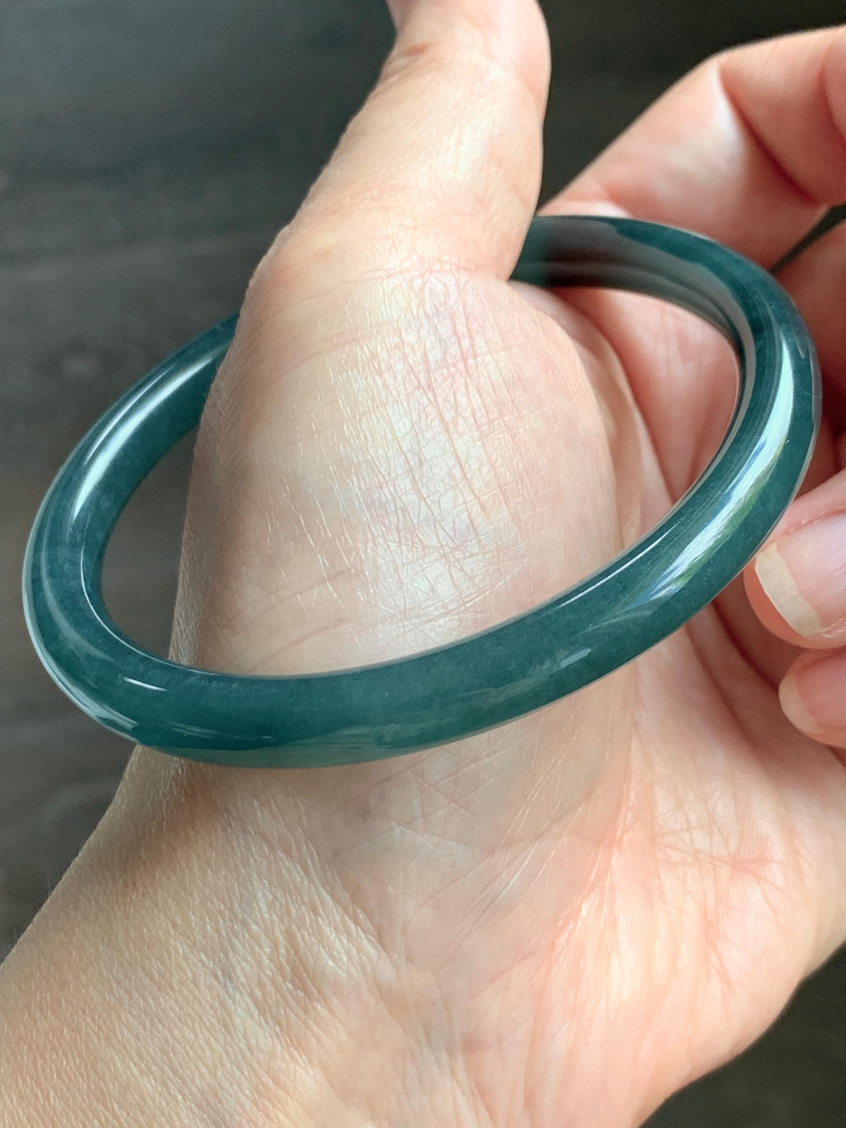 Certified Natural Grade A Guatemalan Icy Translucent Dark Teal Blue Jade Jadeite Bangle Bracelet 61mm 7.53” 29.8g 天然冰危深蓝绿翡翠圆条手镯 1207