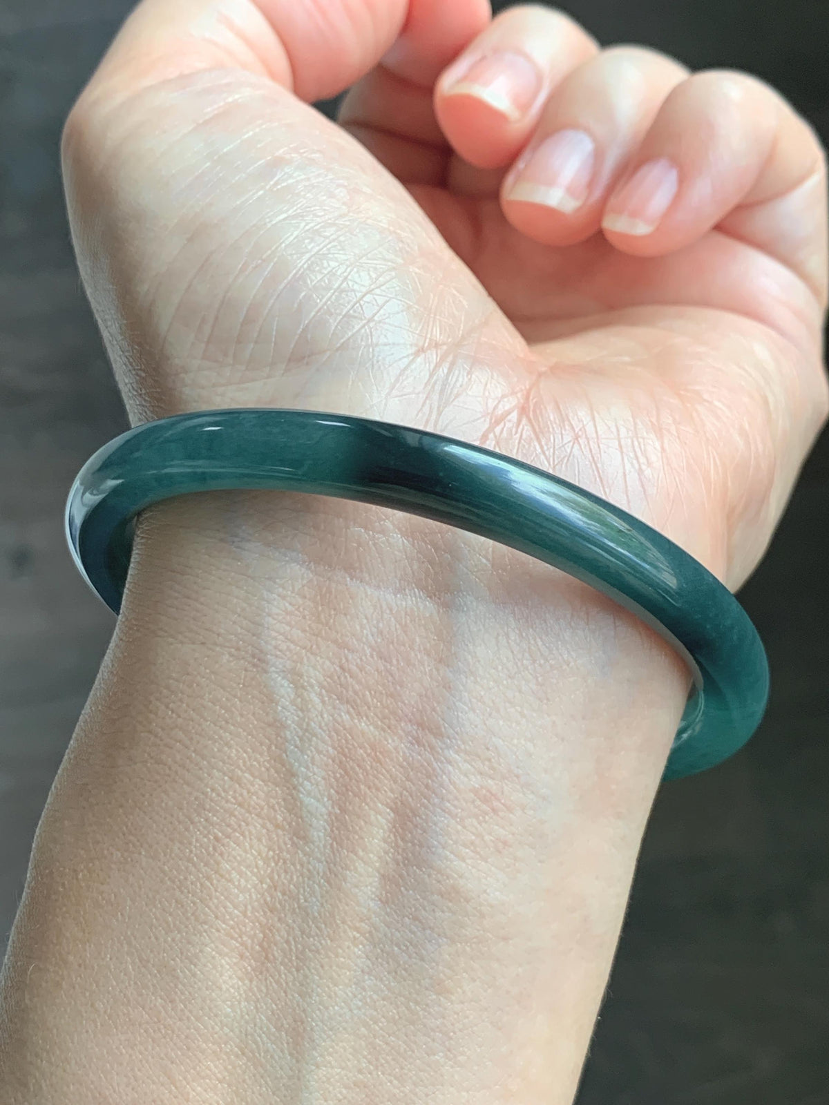Certified Natural Grade A Guatemalan Icy Translucent Dark Teal Blue Jade Jadeite Bangle Bracelet 61mm 7.53” 29.8g 天然冰危深蓝绿翡翠圆条手镯 1207