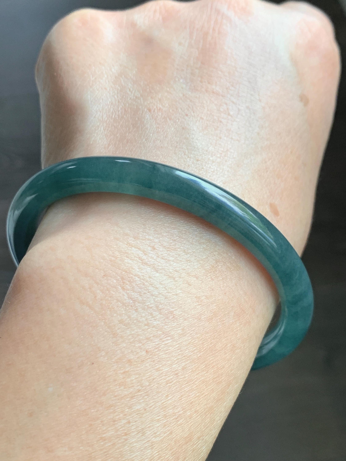 Certified Natural Grade A Guatemalan Icy Translucent Dark Teal Blue Jade Jadeite Bangle Bracelet 61mm 7.53” 29.8g 天然冰危深蓝绿翡翠圆条手镯 1207