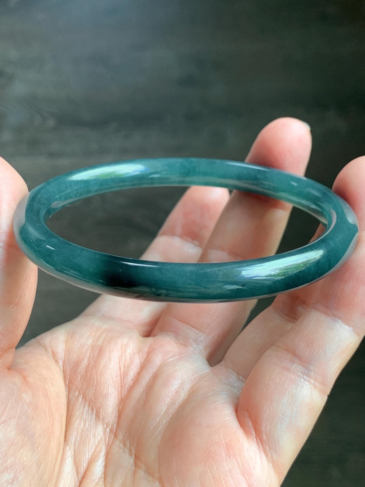 Certified Natural Grade A Guatemalan Icy Translucent Dark Teal Blue Jade Jadeite Bangle Bracelet 61mm 7.53” 29.8g 天然冰危深蓝绿翡翠圆条手镯 1207