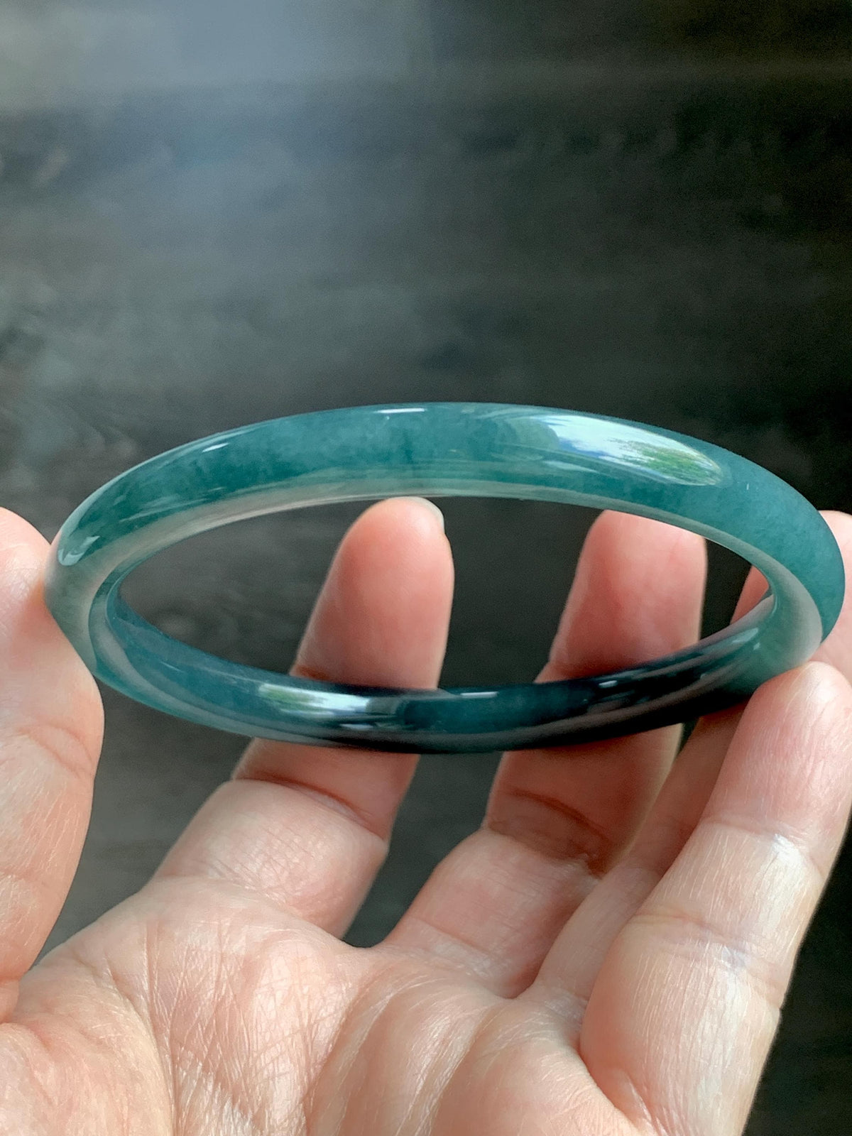 Certified Natural Grade A Guatemalan Icy Translucent Dark Teal Blue Jade Jadeite Bangle Bracelet 61mm 7.53” 29.8g 天然冰危深蓝绿翡翠圆条手镯 1207