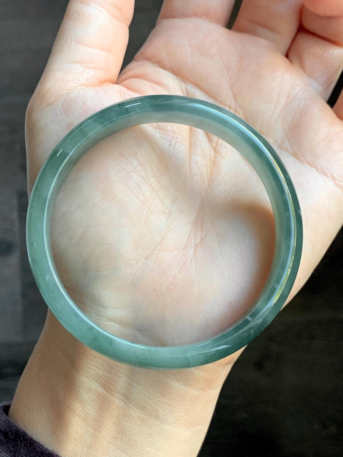 Certified Natural Grade A Guatemalan Icy Highly Translucent Dusty Teal Green Jade Jadeite Wide Bangle 58.75mm 7.26” 38g 天然冰危灰蓝绿翡翠正圈宽版手镯 1224