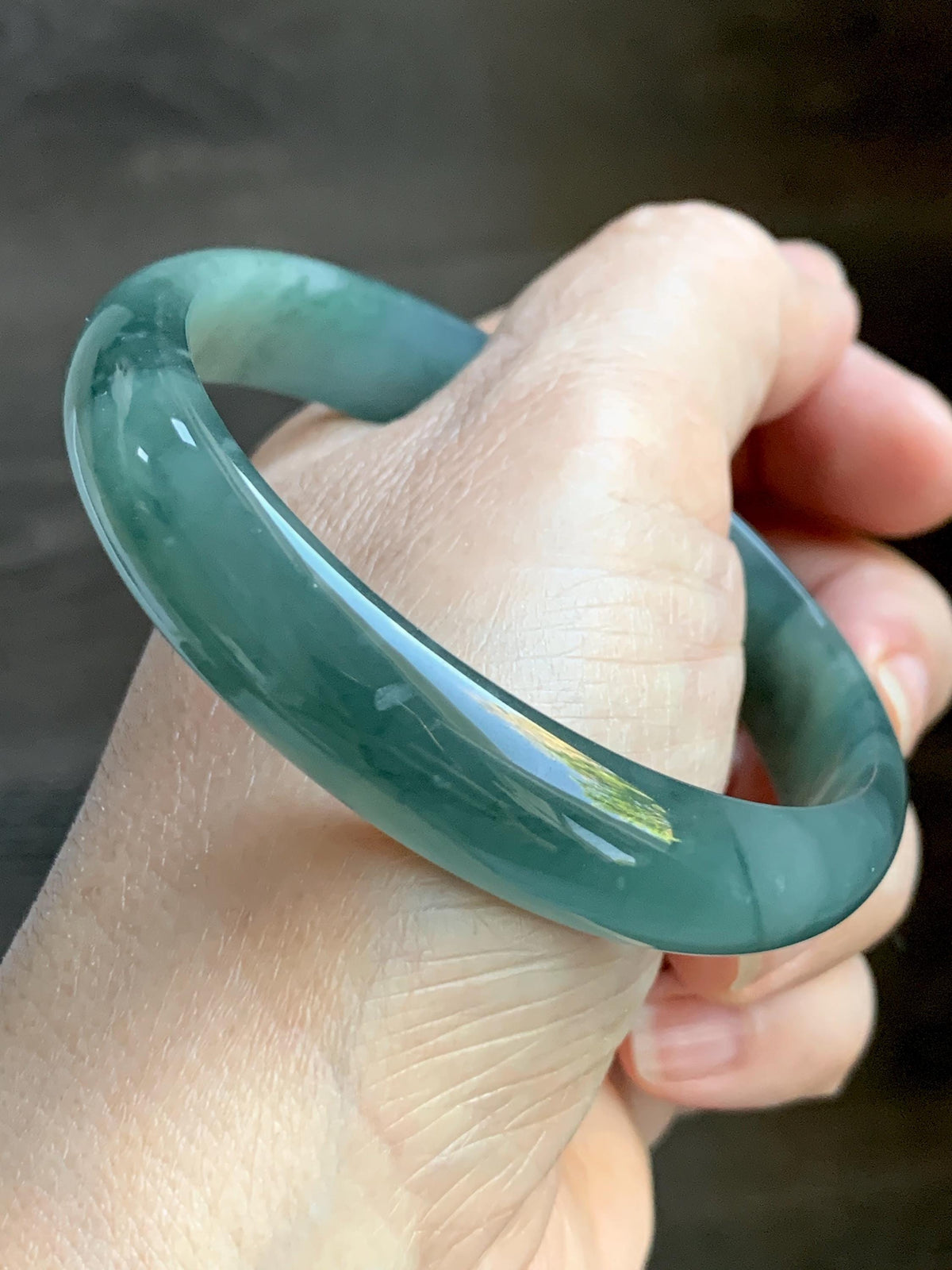 Certified Natural Grade A Guatemalan Icy Highly Translucent Dusty Teal Green Jade Jadeite Wide Bangle 58.75mm 7.26” 38g 天然冰危灰蓝绿翡翠正圈宽版手镯 1224