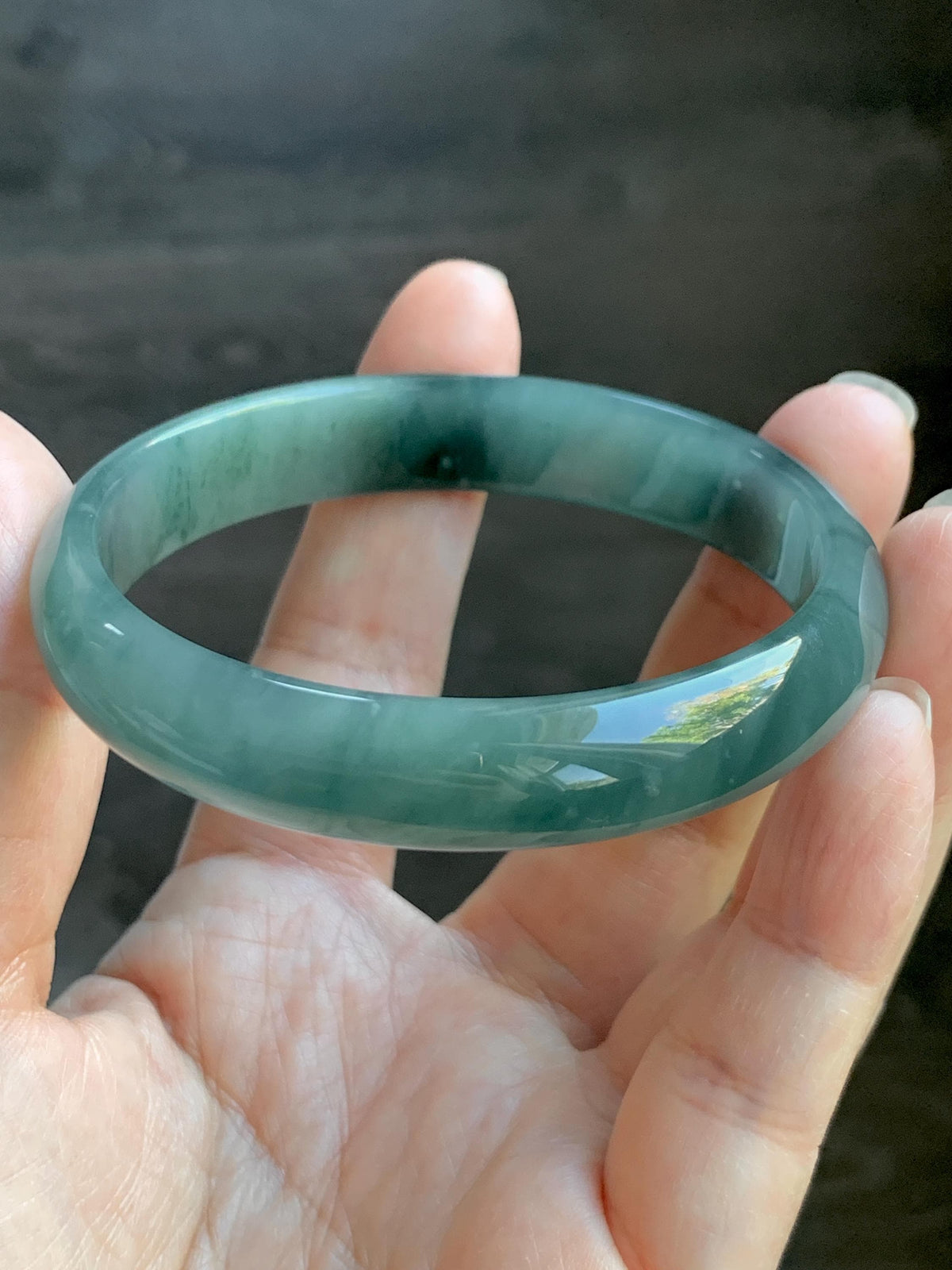 Certified Natural Grade A Guatemalan Icy Highly Translucent Dusty Teal Green Jade Jadeite Wide Bangle 58.75mm 7.26” 38g 天然冰危灰蓝绿翡翠正圈宽版手镯 1224