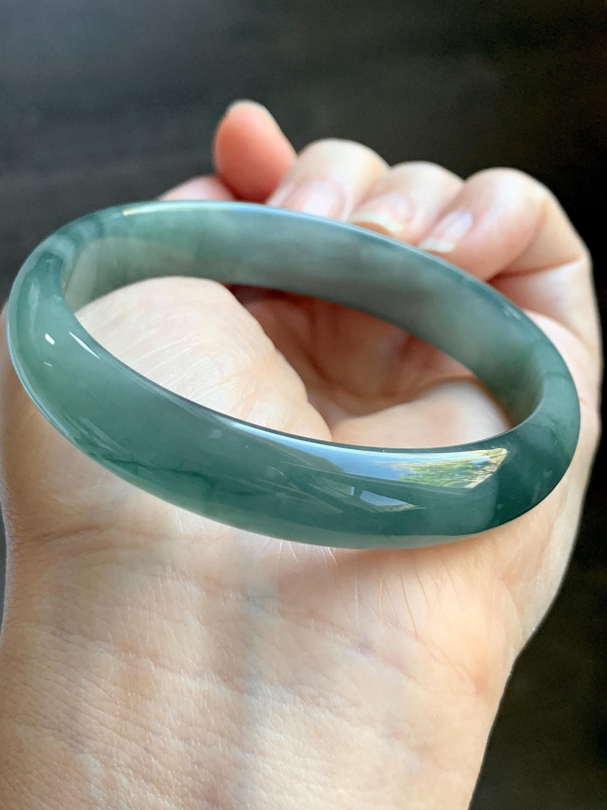 Certified Natural Grade A Guatemalan Icy Highly Translucent Dusty Teal Green Jade Jadeite Wide Bangle 58.75mm 7.26” 38g 天然冰危灰蓝绿翡翠正圈宽版手镯 1224