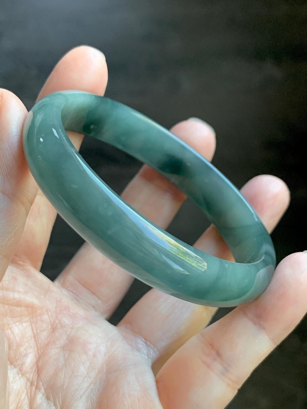 Certified Natural Grade A Guatemalan Icy Highly Translucent Dusty Teal Green Jade Jadeite Wide Bangle 58.75mm 7.26” 38g 天然冰危灰蓝绿翡翠正圈宽版手镯 1224
