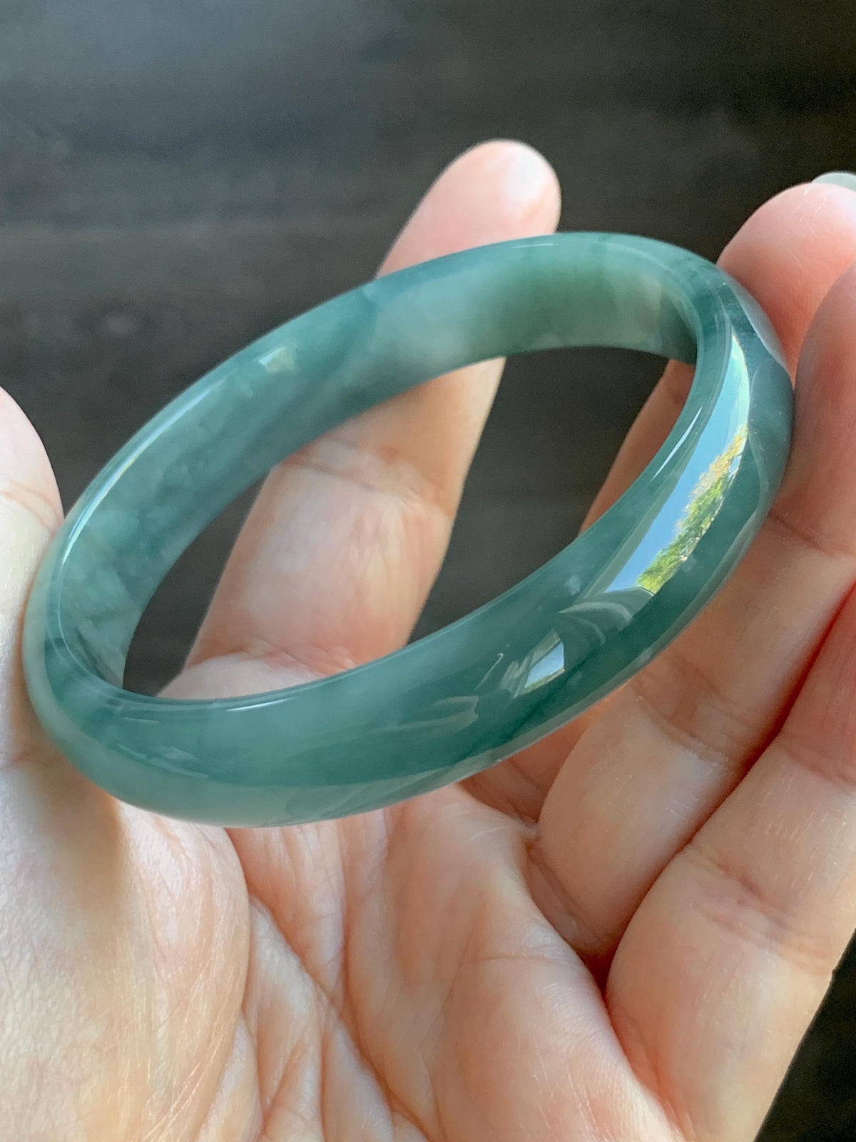 Certified Natural Grade A Guatemalan Icy Highly Translucent Dusty Teal Green Jade Jadeite Wide Bangle 58.75mm 7.26” 38g 天然冰危灰蓝绿翡翠正圈宽版手镯 1224