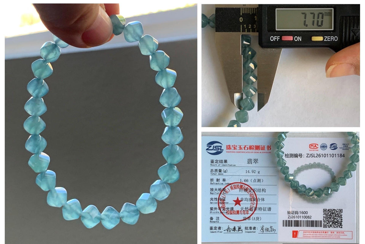 Certified Natural Grade A Guatemalan Icy Translucent Dusty Teal Blue Jade Jadeite Faceted Beads Beaded Bracelet 7.25” 15g 天然冰危深蓝绿翡翠切割珠手串1184