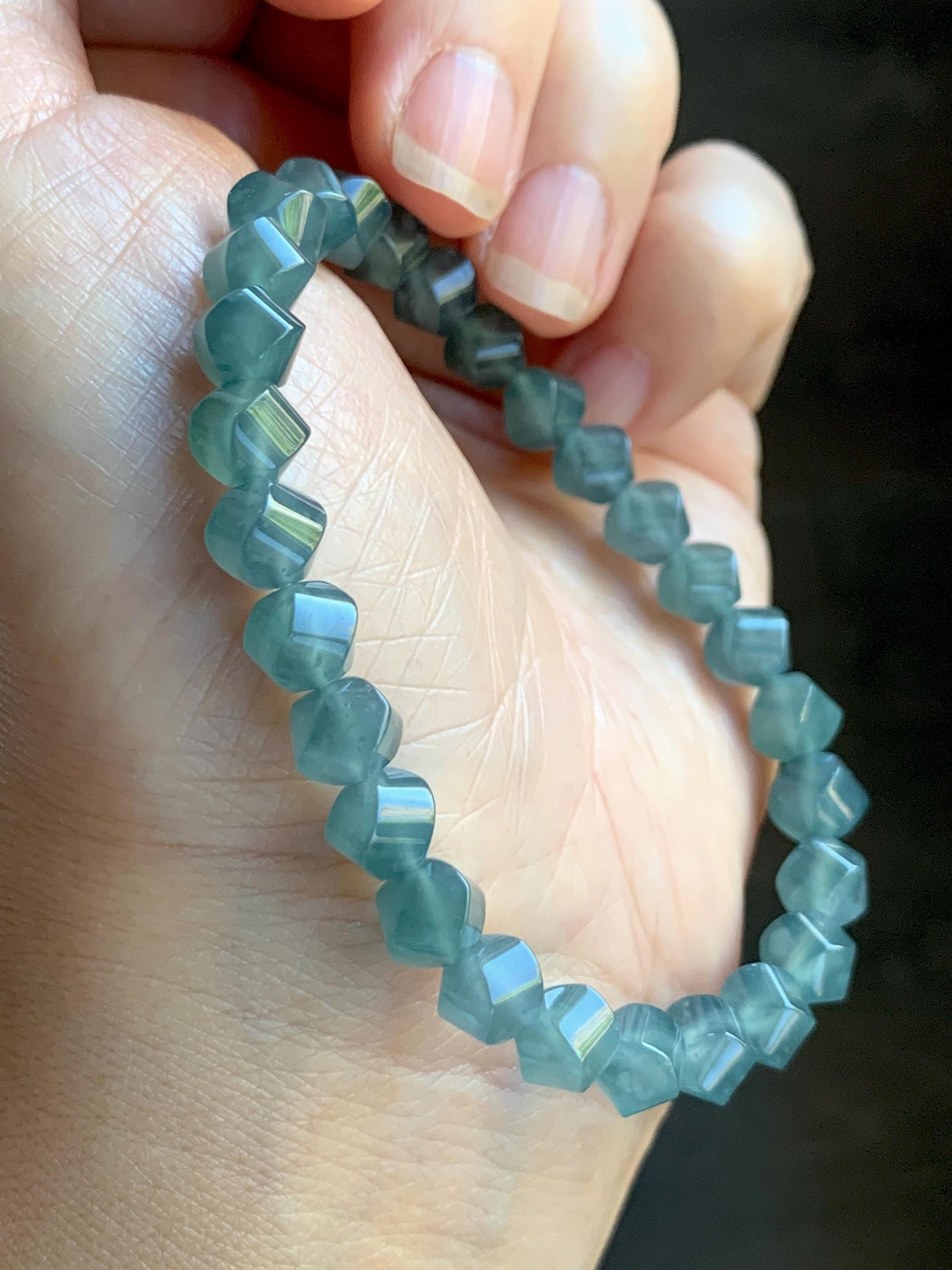 Certified Natural Grade A Guatemalan Icy Translucent Dusty Teal Blue Jade Jadeite Faceted Beads Beaded Bracelet 7.25” 15g 天然冰危深蓝绿翡翠切割珠手串1184