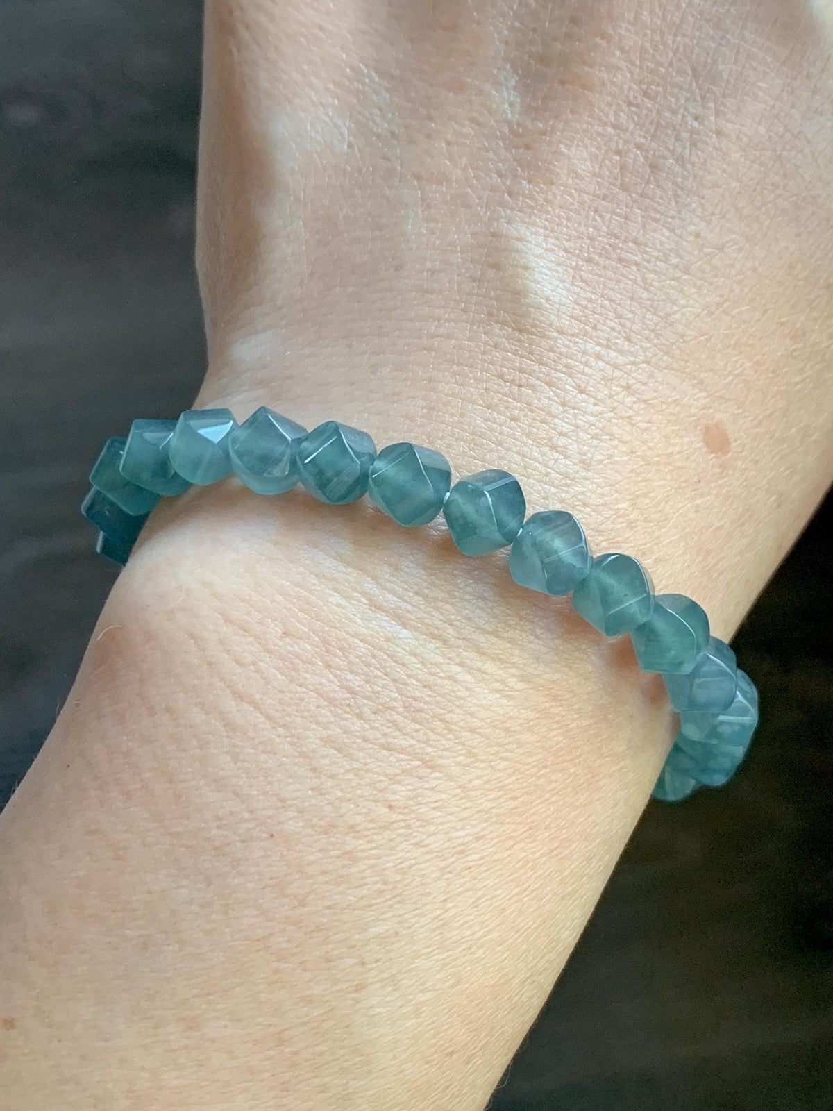 Certified Natural Grade A Guatemalan Icy Translucent Dusty Teal Blue Jade Jadeite Faceted Beads Beaded Bracelet 7.25” 15g 天然冰危深蓝绿翡翠切割珠手串1184