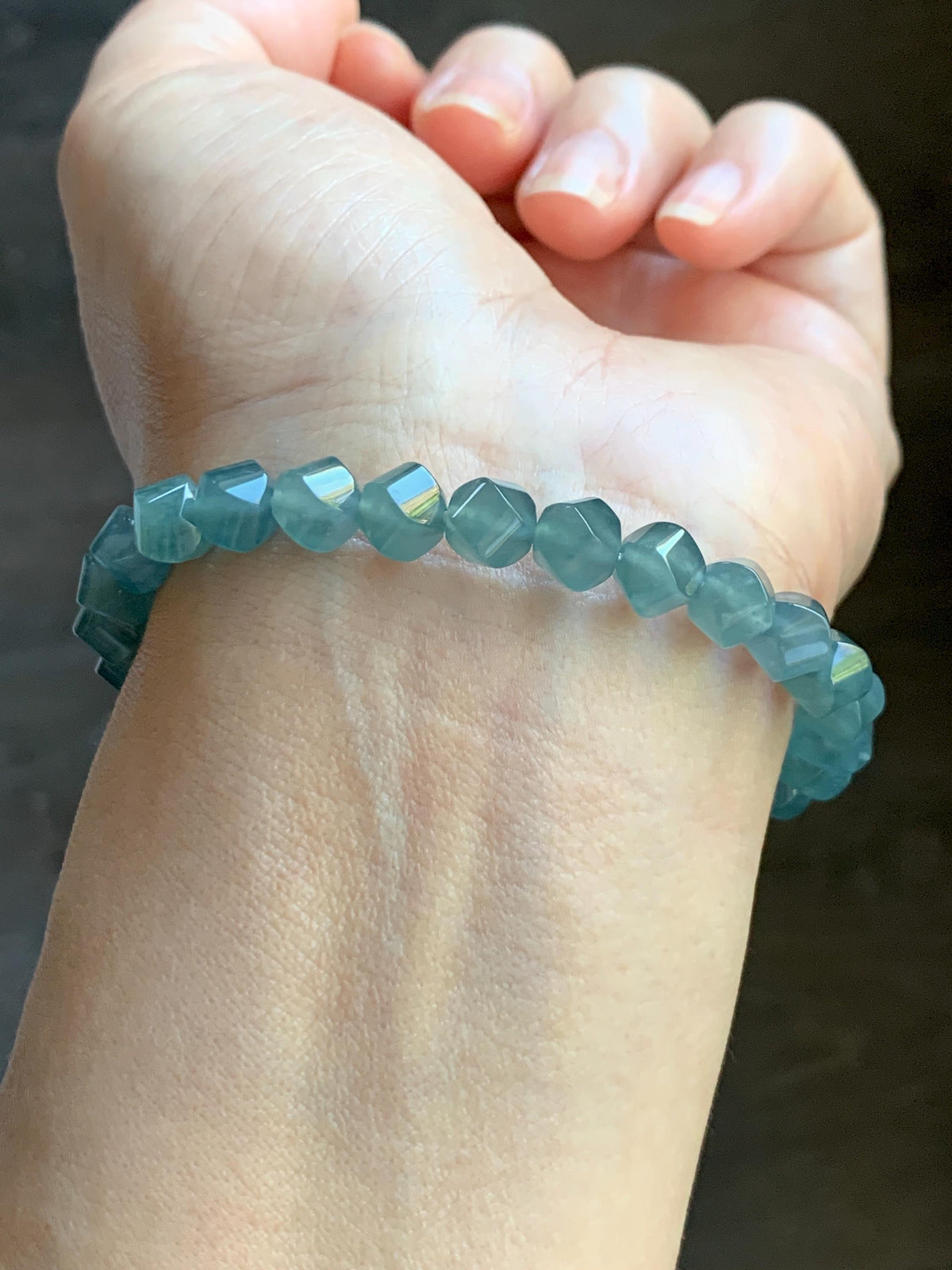 Certified Natural Grade A Guatemalan Icy Translucent Dusty Teal Blue Jade Jadeite Faceted Beads Beaded Bracelet 7.25” 15g 天然冰危深蓝绿翡翠切割珠手串1184