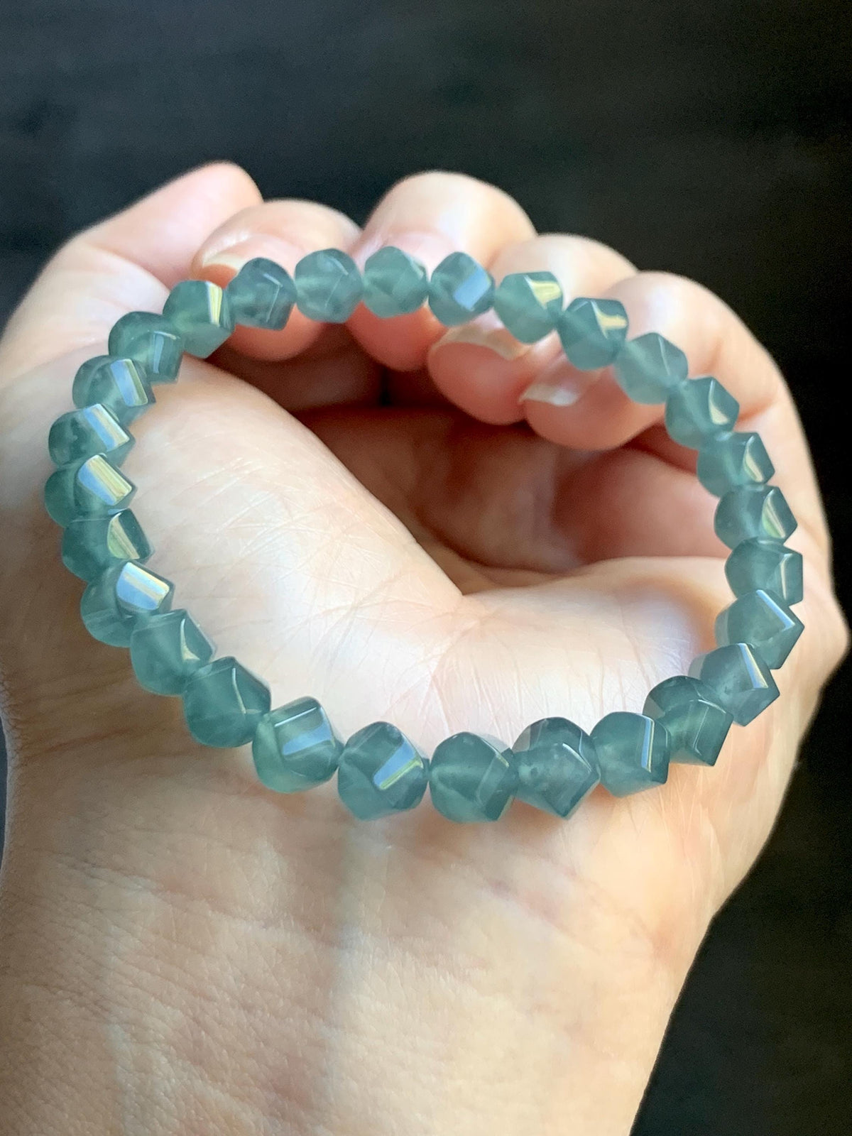 Certified Natural Grade A Guatemalan Icy Translucent Dusty Teal Blue Jade Jadeite Faceted Beads Beaded Bracelet 7.25” 15g 天然冰危深蓝绿翡翠切割珠手串1184