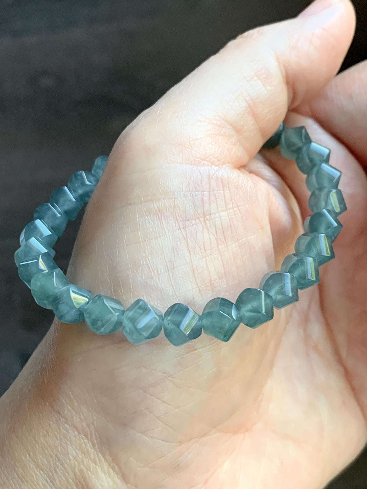 Certified Natural Grade A Guatemalan Icy Translucent Dusty Teal Blue Jade Jadeite Faceted Beads Beaded Bracelet 7.25” 15g 天然冰危深蓝绿翡翠切割珠手串1184