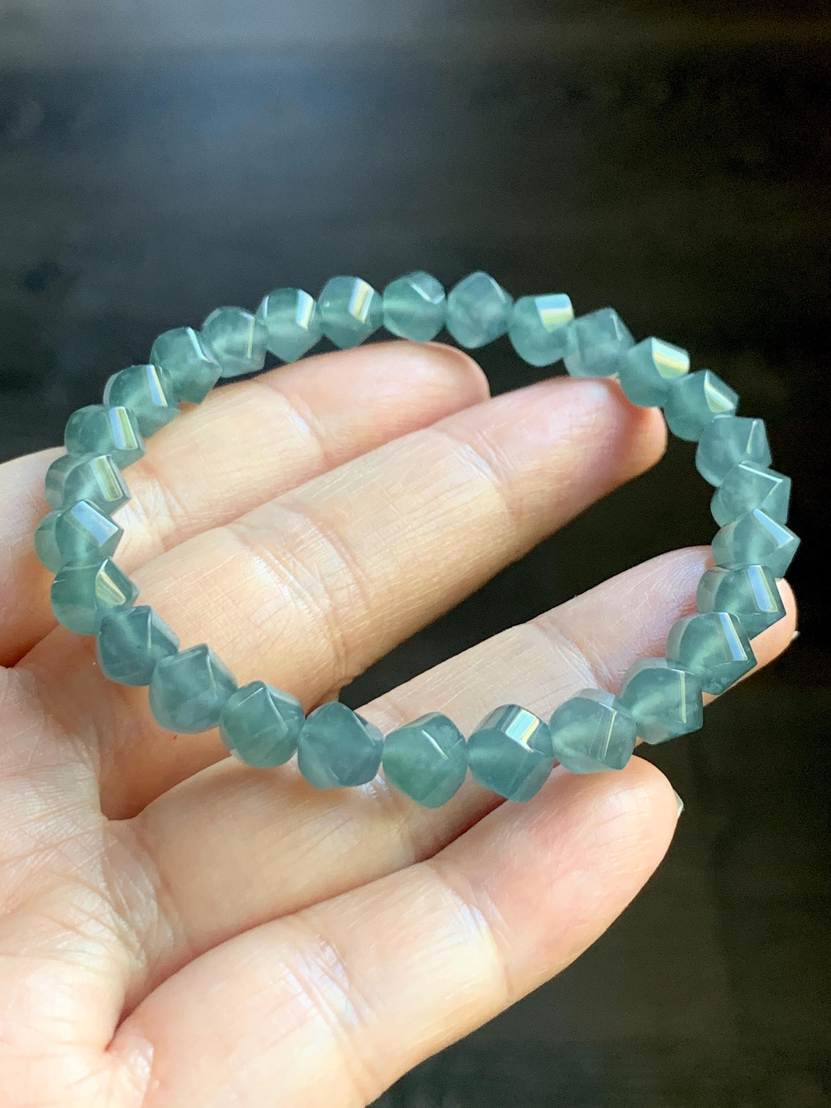 Certified Natural Grade A Guatemalan Icy Translucent Dusty Teal Blue Jade Jadeite Faceted Beads Beaded Bracelet 7.25” 15g 天然冰危深蓝绿翡翠切割珠手串1184