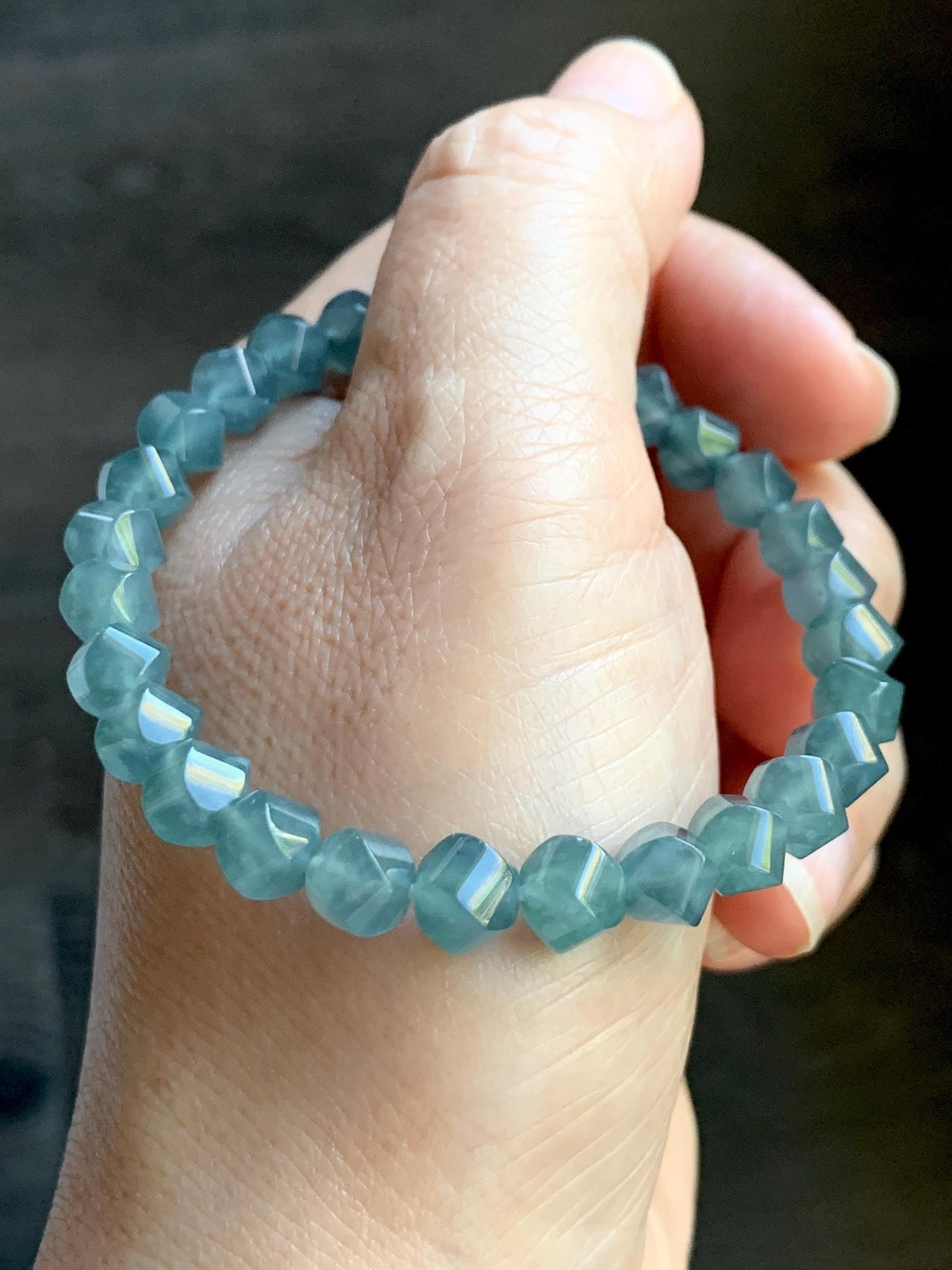 Certified Natural Grade A Guatemalan Icy Translucent Dusty Teal Blue Jade Jadeite Faceted Beads Beaded Bracelet 7.25” 15g 天然冰危深蓝绿翡翠切割珠手串1184