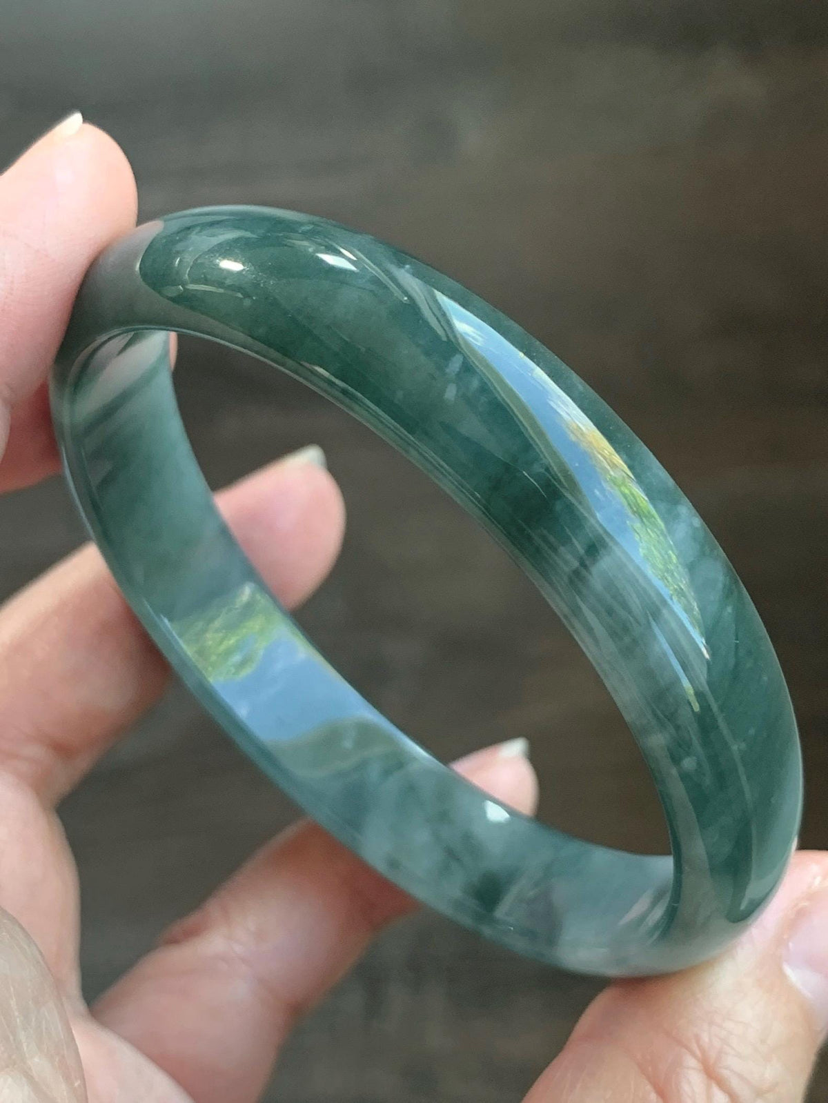 Certified Natural Grade A Guatemalan Icy Highly Translucent Dusty Teal Green Jade Jadeite Wide Bangle 58.73mm 7.26” 36g 天然冰危灰蓝绿翡翠正圈宽版手镯 1225