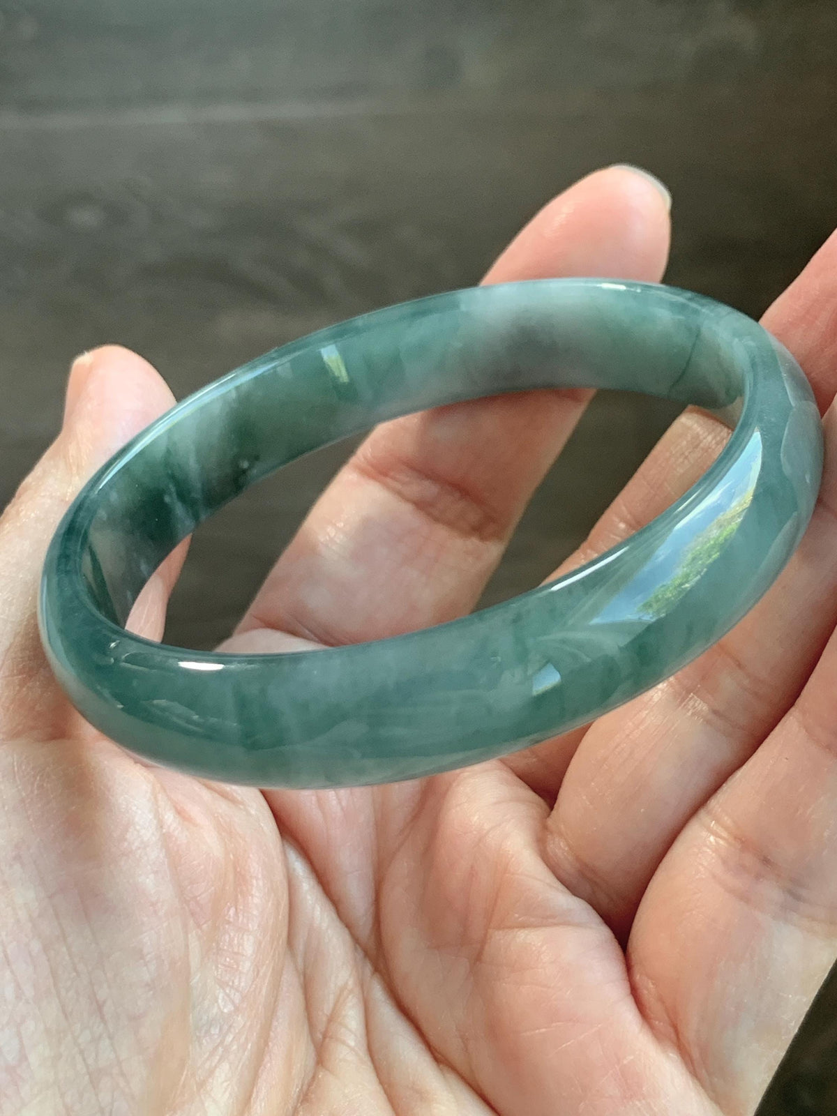 Certified Natural Grade A Guatemalan Icy Highly Translucent Dusty Teal Green Jade Jadeite Wide Bangle 58.73mm 7.26” 36g 天然冰危灰蓝绿翡翠正圈宽版手镯 1225