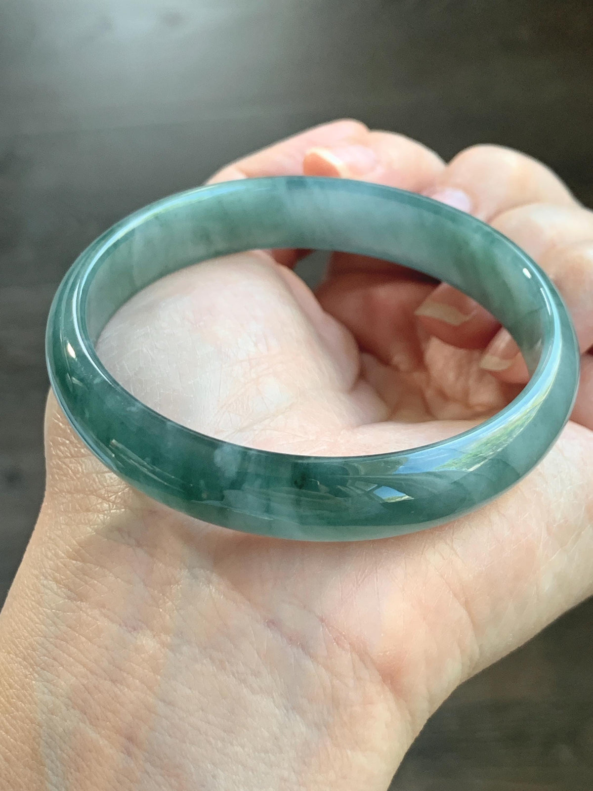 Certified Natural Grade A Guatemalan Icy Highly Translucent Dusty Teal Green Jade Jadeite Wide Bangle 58.73mm 7.26” 36g 天然冰危灰蓝绿翡翠正圈宽版手镯 1225