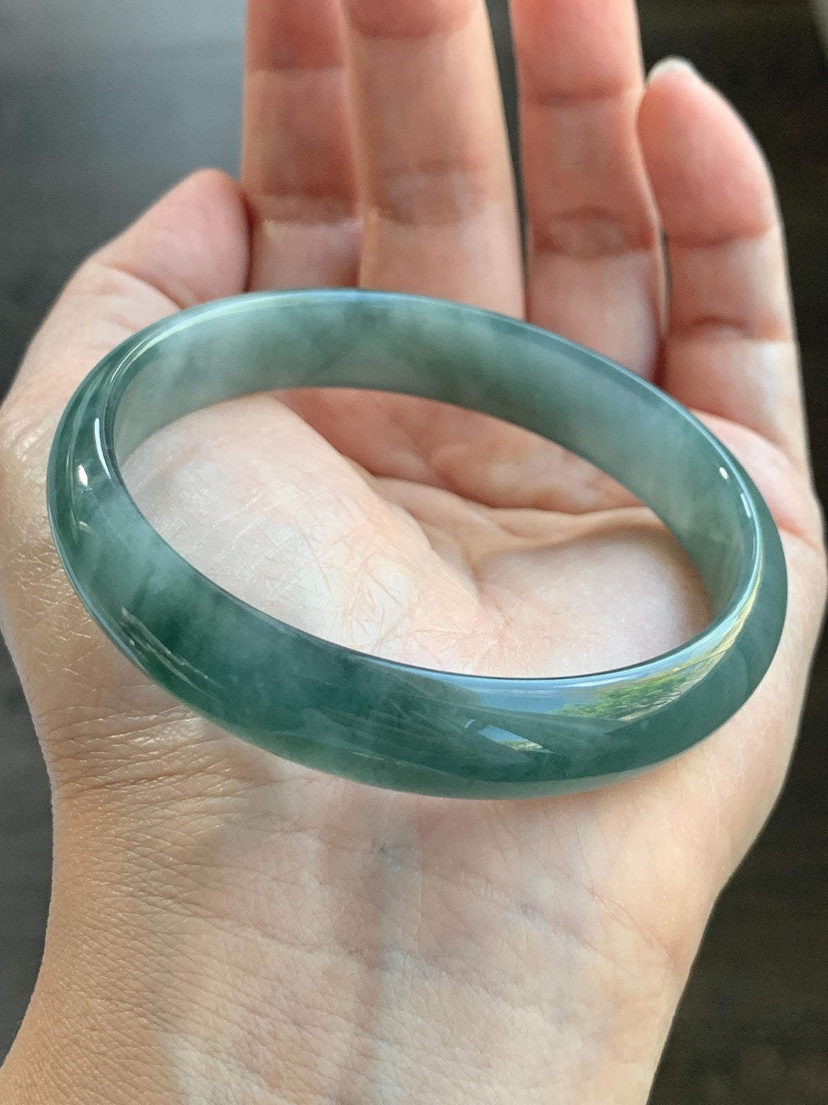 Certified Natural Grade A Guatemalan Icy Highly Translucent Dusty Teal Green Jade Jadeite Wide Bangle 58.73mm 7.26” 36g 天然冰危灰蓝绿翡翠正圈宽版手镯 1225