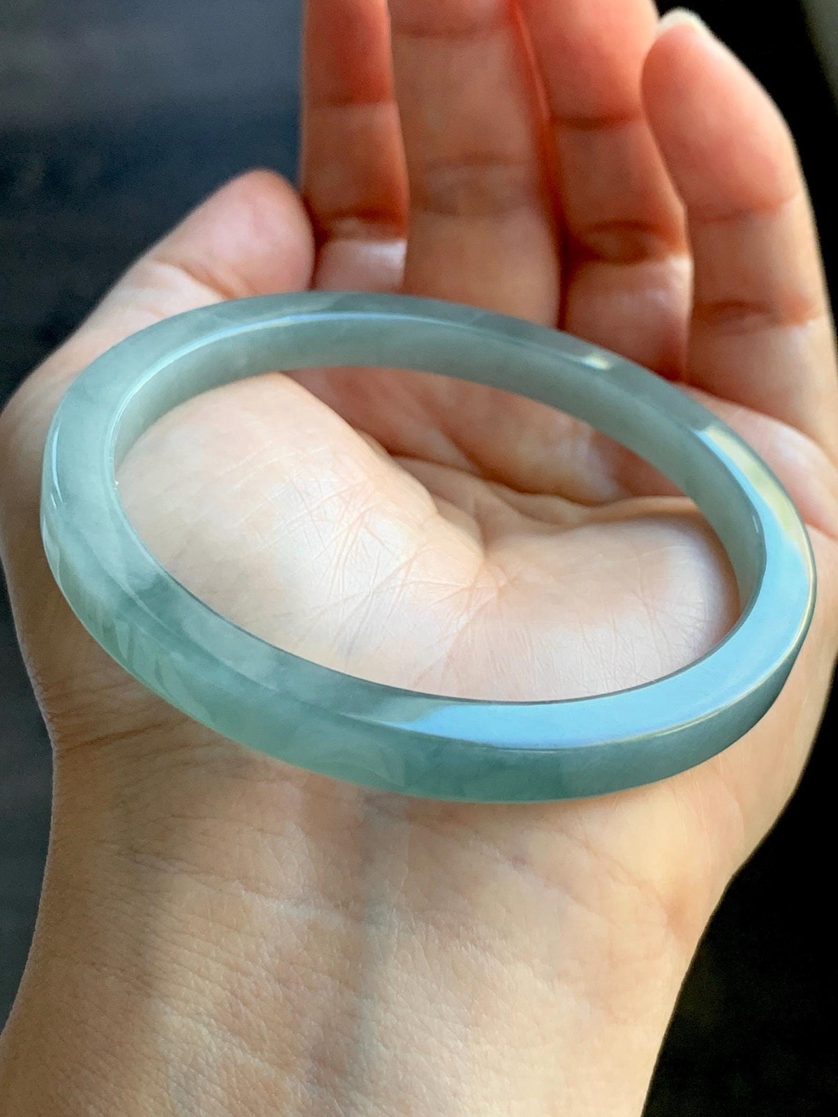Certified Natural Grade A Guatemalan Icy Translucent Dusty Teal Blue Jade Jadeite Square Edged Bangle 58.74mm 7.26” 25g 天然冰危浅灰蓝翡翠方镯手镯 1194