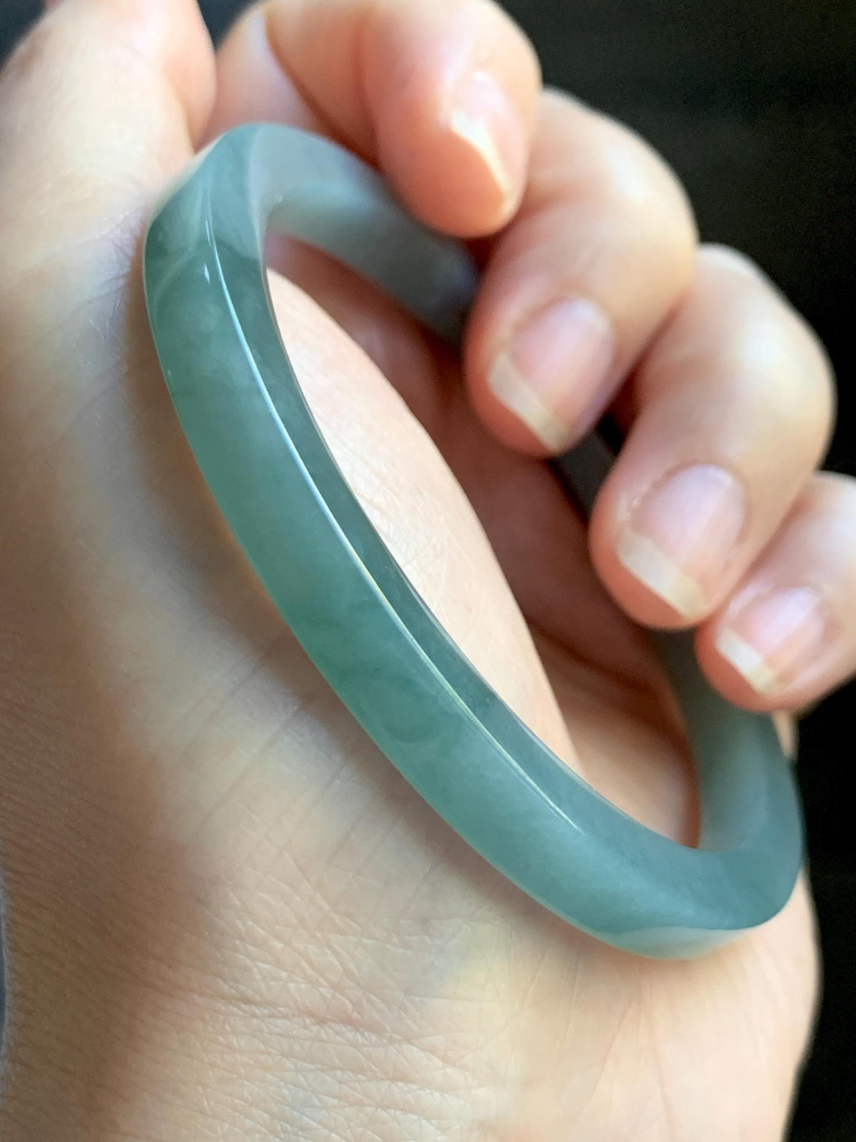 Certified Natural Grade A Guatemalan Icy Translucent Dusty Teal Blue Jade Jadeite Square Edged Bangle 58.74mm 7.26” 25g 天然冰危浅灰蓝翡翠方镯手镯 1194