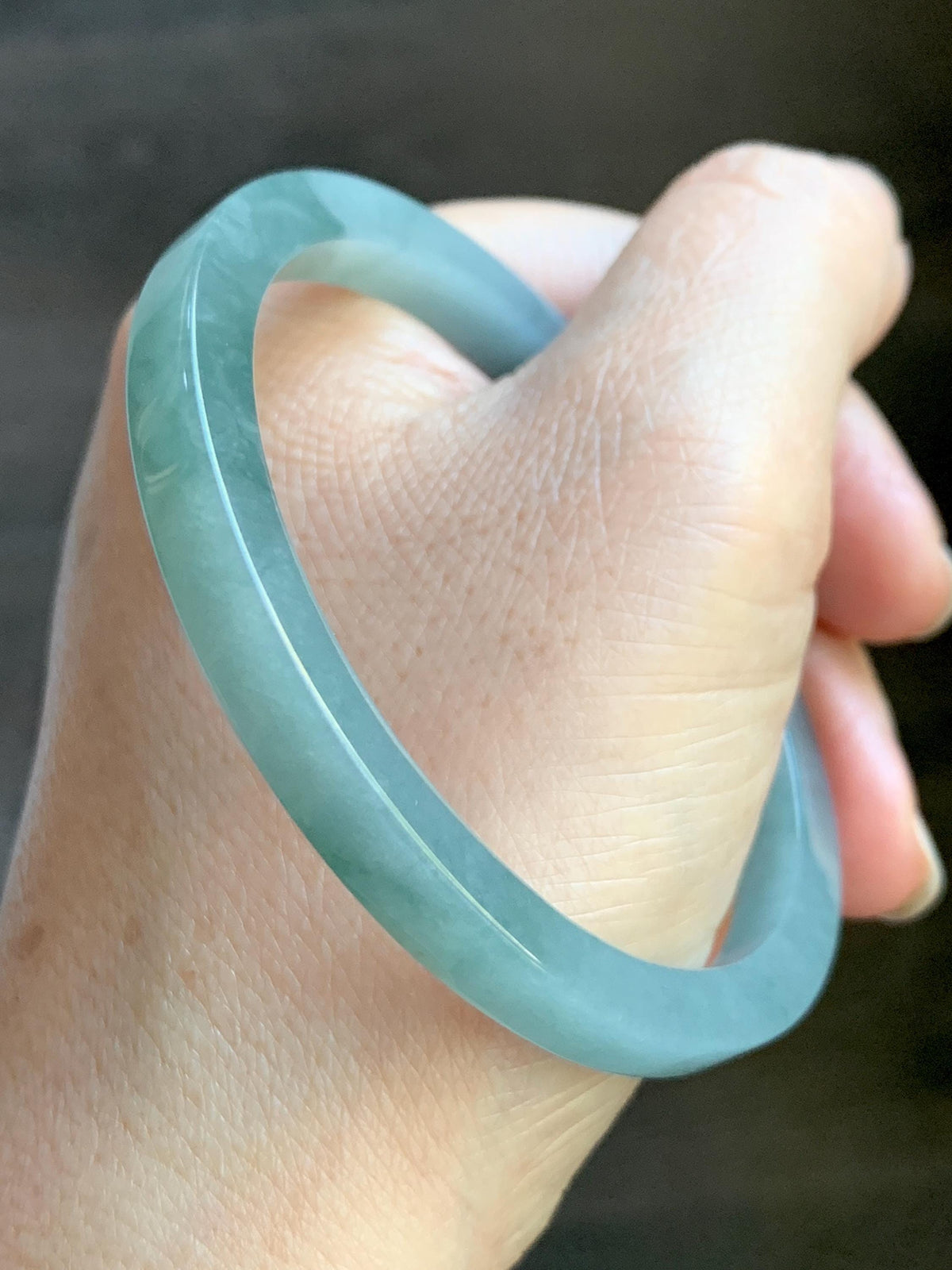 Certified Natural Grade A Guatemalan Icy Translucent Dusty Teal Blue Jade Jadeite Square Edged Bangle 58.74mm 7.26” 25g 天然冰危浅灰蓝翡翠方镯手镯 1194