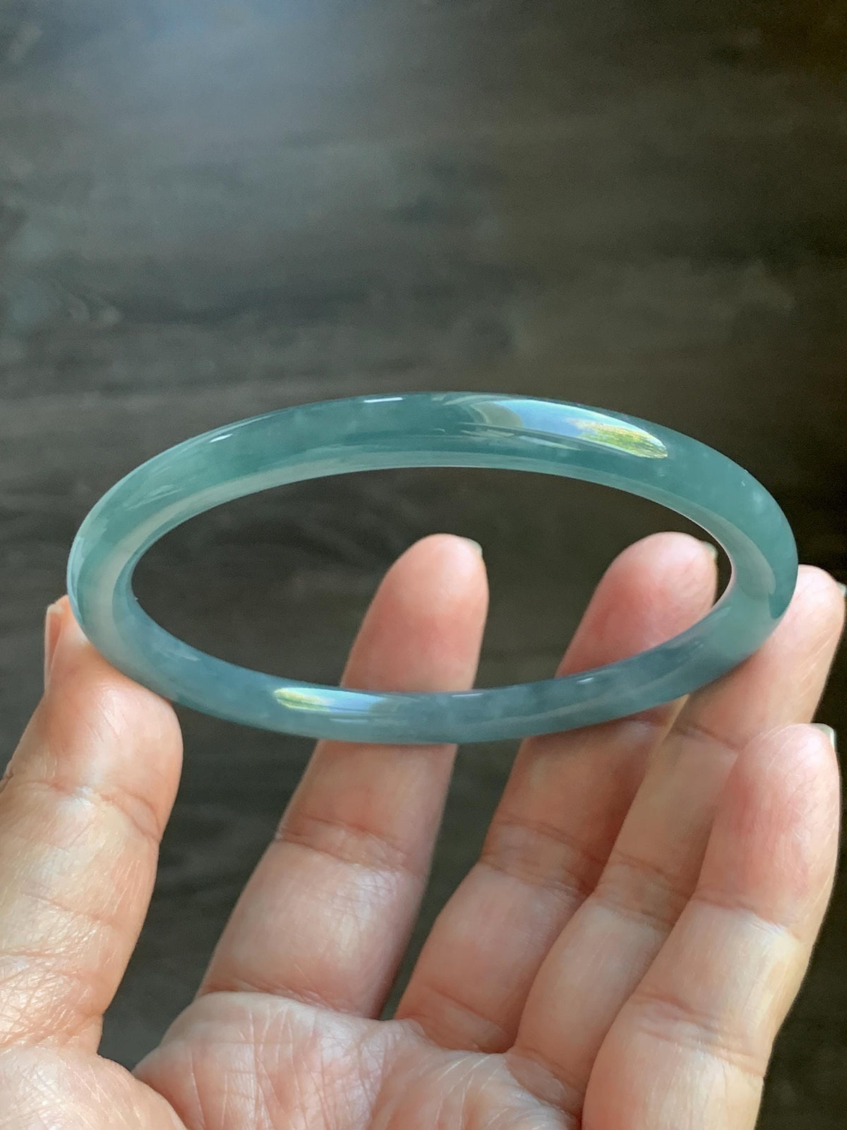 Certified Natural Grade A Guatemalan Icy Translucent Dusty Teal Blue Jade Jadeite Bangle Bracelet 61.19mm 7.56” 23g 天然冰危深蓝绿翡翠圆条手镯 1226