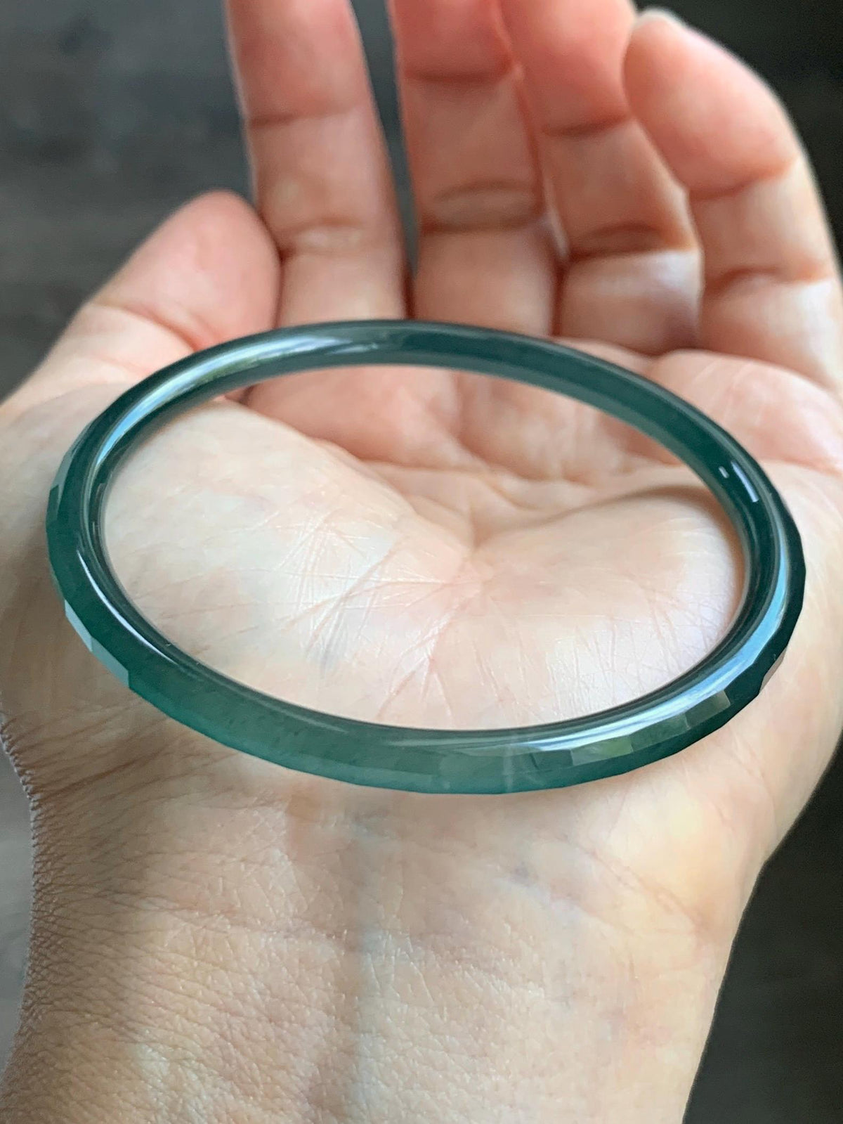 Certified Natural Grade A Guatemalan Icy Highly Translucent Deep Teal Green Faceted Jadeite Slim Bangle 54mm 6.66” 天然冰胶危深蓝绿翡翠细圆条切割面手镯 1200