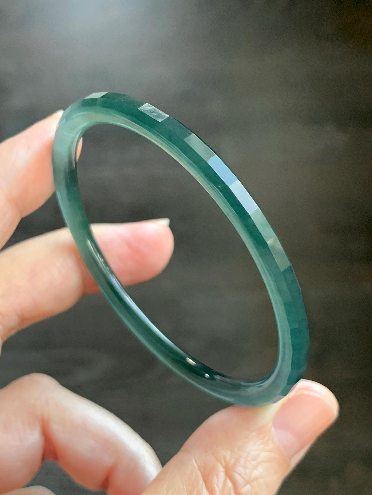 Certified Natural Grade A Guatemalan Icy Highly Translucent Deep Teal Green Faceted Jadeite Slim Bangle 54mm 6.66” 天然冰胶危深蓝绿翡翠细圆条切割面手镯 1200