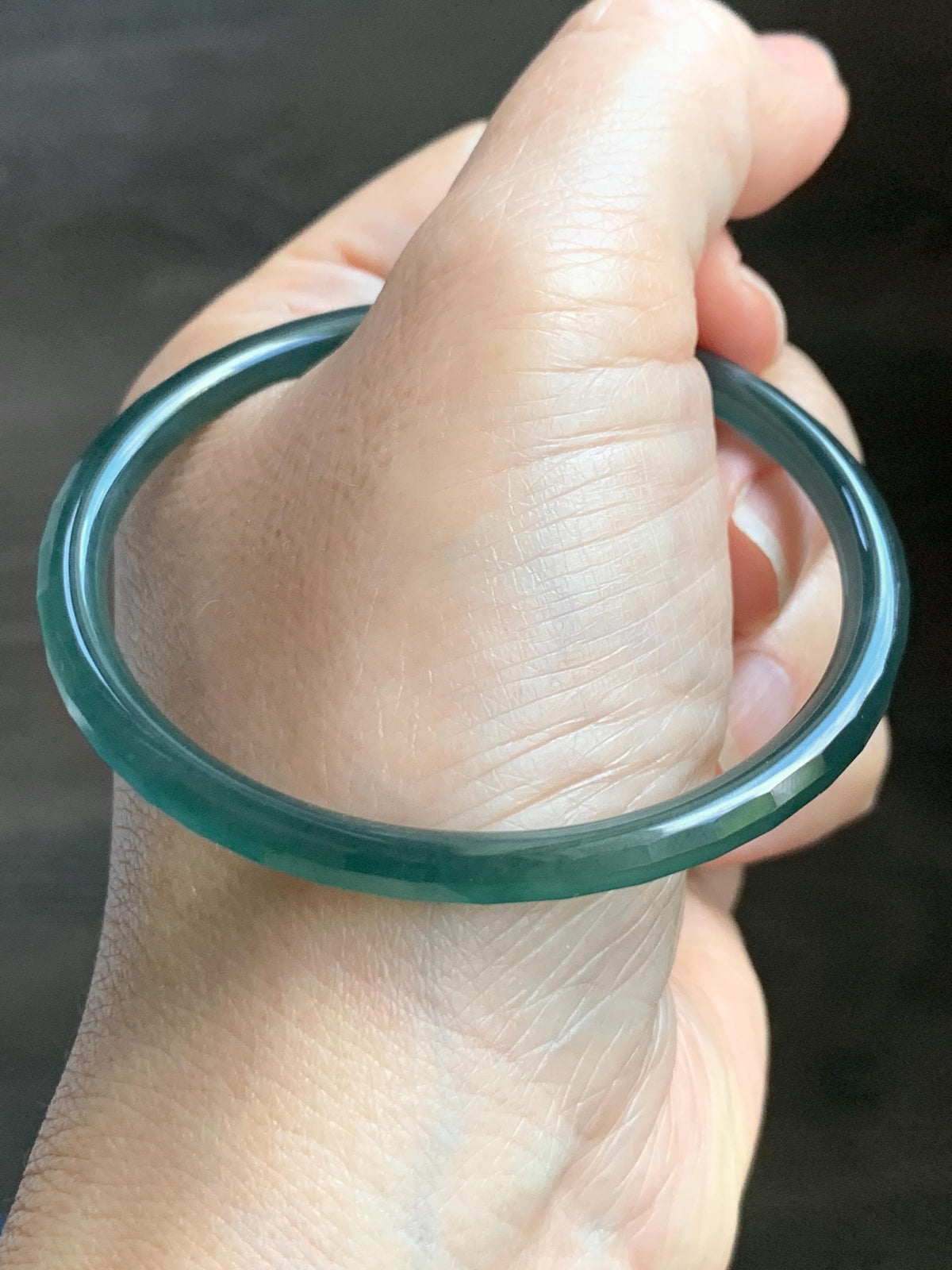 Certified Natural Grade A Guatemalan Icy Highly Translucent Deep Teal Green Faceted Jadeite Slim Bangle 54mm 6.66” 天然冰胶危深蓝绿翡翠细圆条切割面手镯 1200