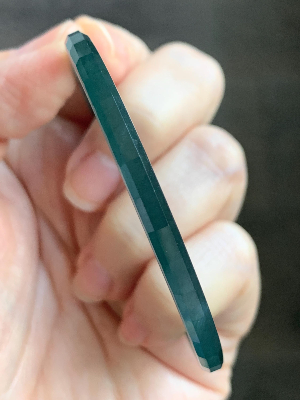 Certified Natural Grade A Guatemalan Icy Highly Translucent Deep Teal Green Faceted Jadeite Slim Bangle 54mm 6.66” 天然冰胶危深蓝绿翡翠细圆条切割面手镯 1200