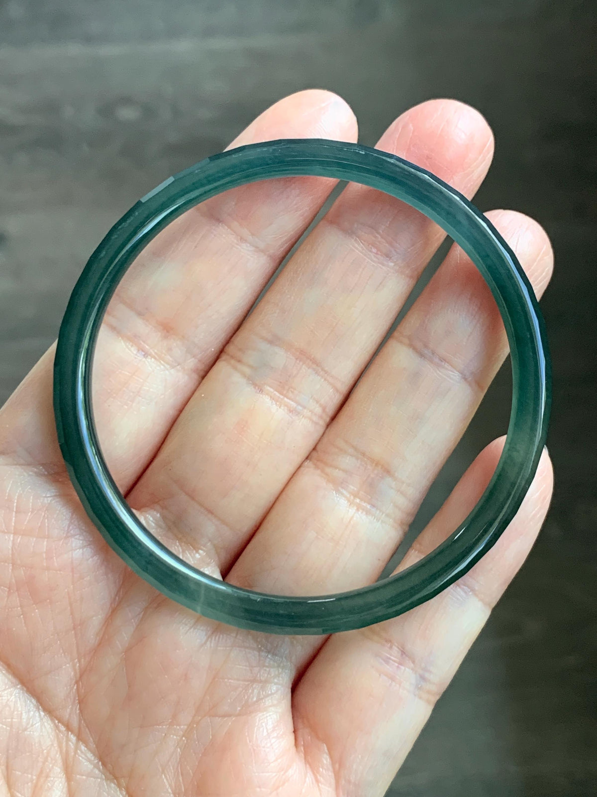 Certified Natural Grade A Guatemalan Icy Highly Translucent Deep Teal Green Faceted Jadeite Slim Bangle 54mm 6.66” 天然冰胶危深蓝绿翡翠细圆条切割面手镯 1200