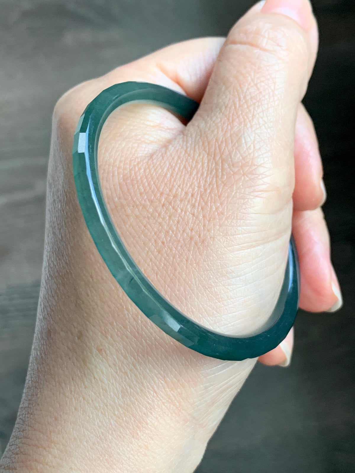 Certified Natural Grade A Guatemalan Icy Highly Translucent Deep Teal Green Faceted Jadeite Slim Bangle 54mm 6.66” 天然冰胶危深蓝绿翡翠细圆条切割面手镯 1200