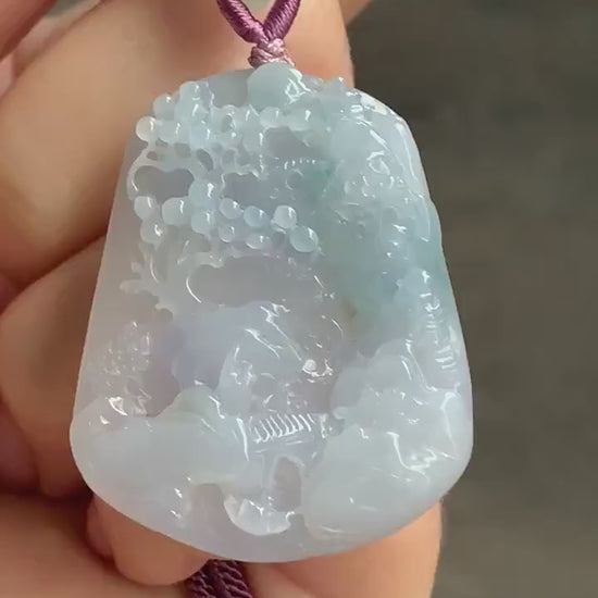 Large Natural Burmese Icy Highly Translucent Gelatinous Purplish Blue Jadeite Carved Shan Shui Pai Landscape Pendant 天然缅甸冰胶蓝紫飘花翡翠大山水牌吊坠