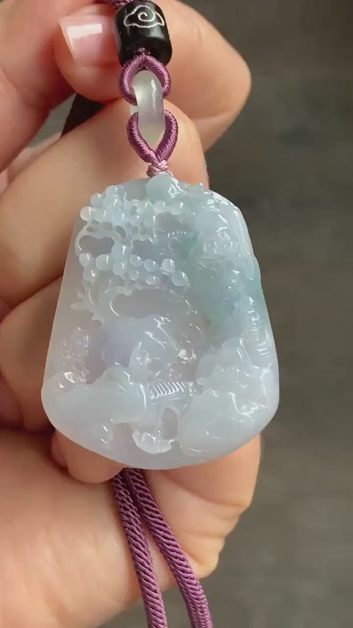 Large Natural Burmese Icy Highly Translucent Gelatinous Purplish Blue Jadeite Carved Shan Shui Pai Landscape Pendant 天然缅甸冰胶蓝紫飘花翡翠大山水牌吊坠