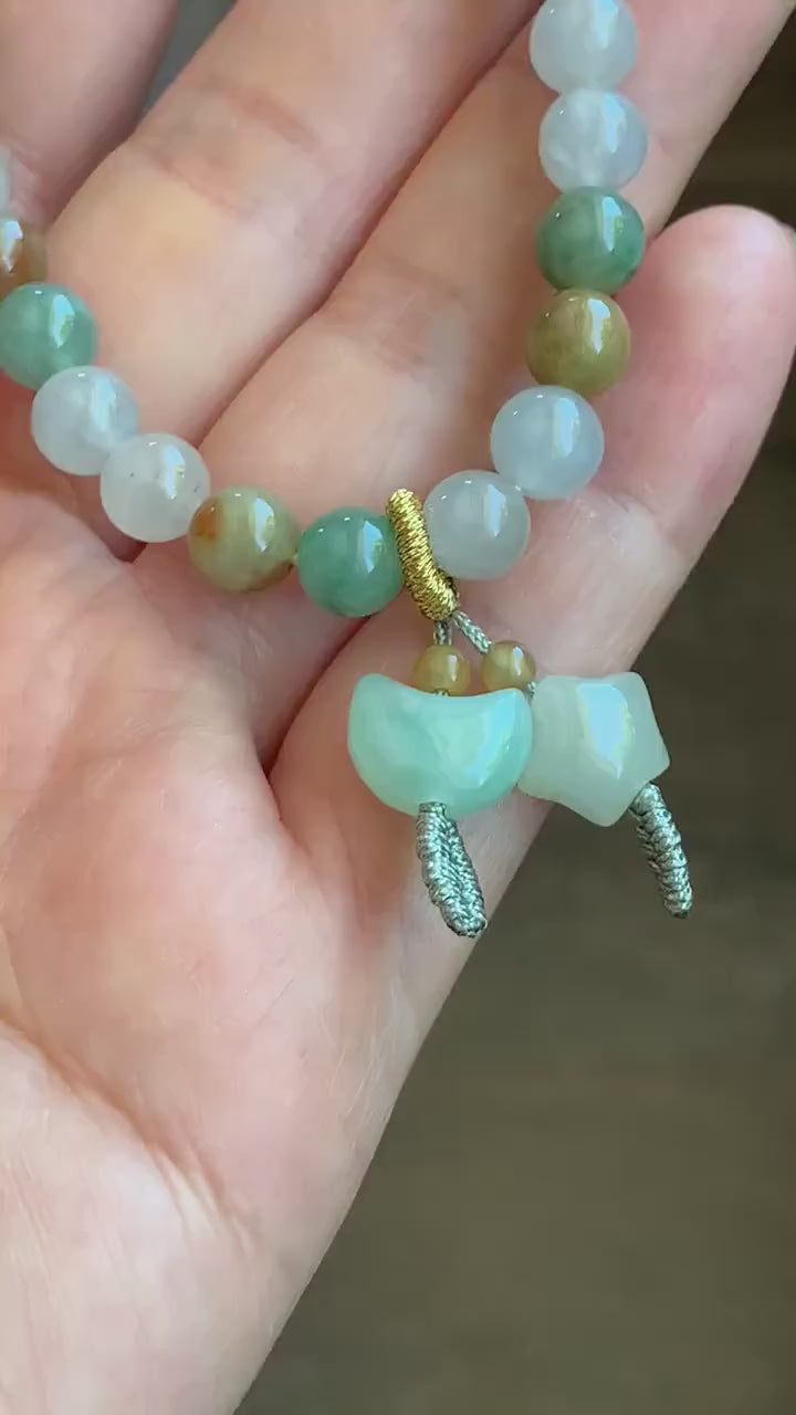Natural Burmese Icy Translucent Multi-Colored Jadeite Petite Beads Beaded Bracelet Rabbit Charm Stretchy 6.7mm 7” 16g 天然缅甸冰多宝翡翠星星月亮手串