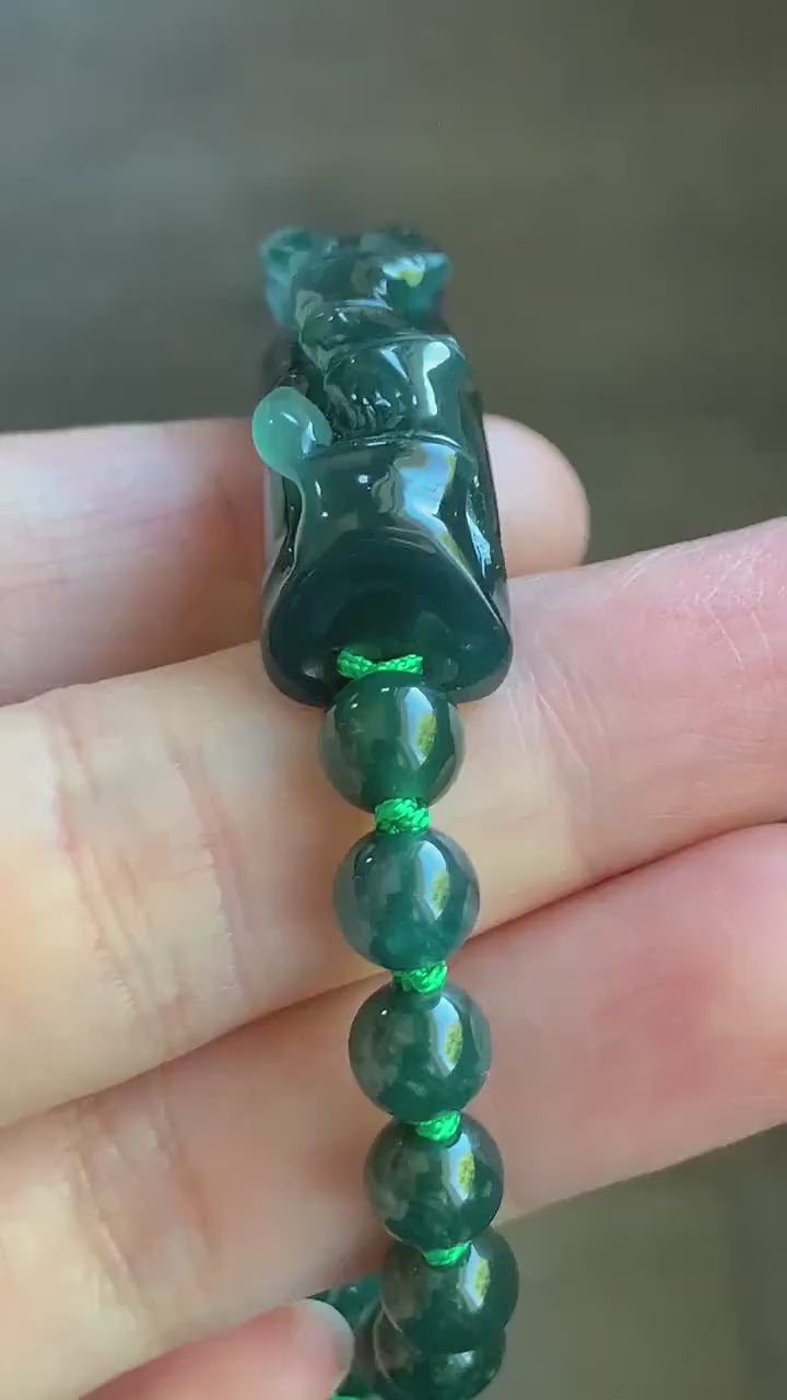 Natural Guatemalan Icy Highly Translucent Gelatinous Dark Teal Green  Jadeite Bamboo Cuff Beaded Bracelet 6.7mm 7.5” 27g 天然冰胶老种危湖水绿翡翠竹节手牌手串