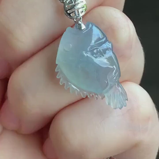Certified Natural Burmese Icy Translucent Gelatinous Light Blue Jadeite Fish Pendant 18K White Gold 3.17 grams 天然缅甸冰胶淡蓝翡翠鱼镶嵌吊坠