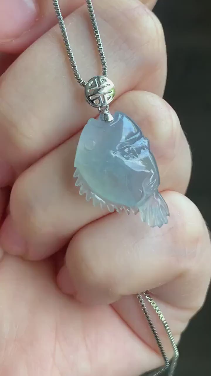 Certified Natural Burmese Icy Translucent Gelatinous Light Blue Jadeite Fish Pendant 18K White Gold 3.17 grams 天然缅甸冰胶淡蓝翡翠鱼镶嵌吊坠