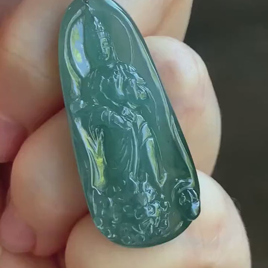 Natural Guatemalan Icy Translucent Gelatinous Teal Blue Jadeite Wen Shu Manjushri Bodhisattva Pendant Sterling Silver 天然冰胶危蓝绿翡翠文殊菩萨吊坠 C