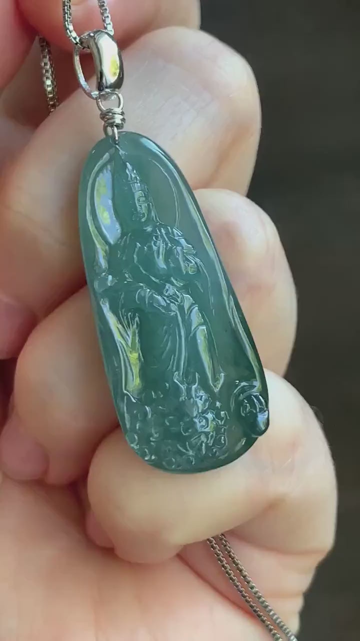 Natural Guatemalan Icy Translucent Gelatinous Teal Blue Jadeite Wen Shu Manjushri Bodhisattva Pendant Sterling Silver 天然冰胶危蓝绿翡翠文殊菩萨吊坠 C