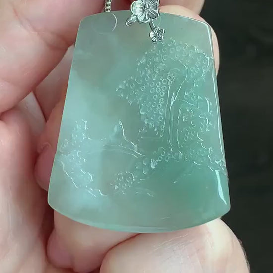 LARGE Natural Burmese Icy Translucent Gelatinous Light Green Jadeite Carved Shan Shui Pai Landscape Pendant Sterling Silver 天然缅甸冰晴翡翠精工雕山水牌