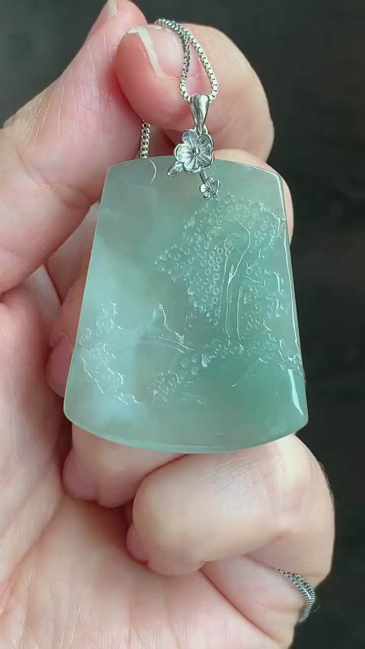 LARGE Natural Burmese Icy Translucent Gelatinous Light Green Jadeite Carved Shan Shui Pai Landscape Pendant Sterling Silver 天然缅甸冰晴翡翠精工雕山水牌