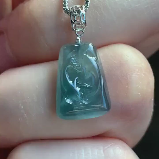 Petite Natural Guatemalan Premium Icy Highly Translucent Gelatinous Blue Jadeite Carved Double Fish Pendant 18K White Gold 天然冰胶危蓝水翡翠双鱼镶嵌吊坠