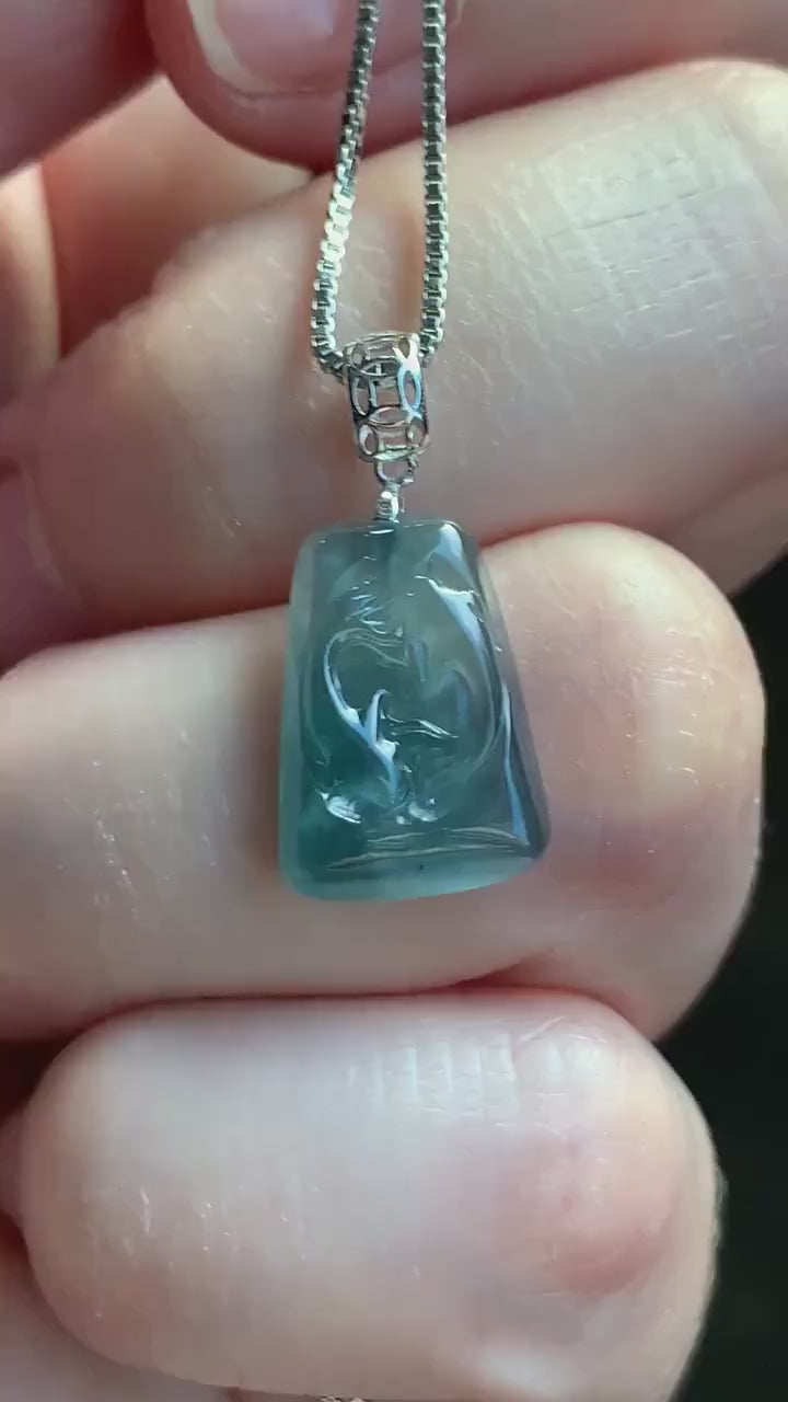 Petite Natural Guatemalan Premium Icy Highly Translucent Gelatinous Blue Jadeite Carved Double Fish Pendant 18K White Gold 天然冰胶危蓝水翡翠双鱼镶嵌吊坠