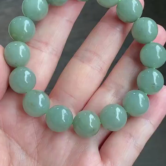 Large Natural Burmese Icy Translucent Dusty Sage Green Jadeite w/ Yellow Marbling Beaded Bracelet Stretchy 12.8mm 7.5” 58g 天然缅甸冰豆绿撒金翡翠大卡手串