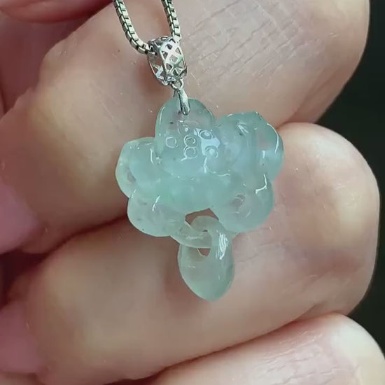 Petite Natural Burmese Icy Highly Translucent Light Green Jadeite Lotus Flower Interlocked Teardrop Pendant 18K White Gold 天然缅甸冰胶晴底翡翠荷花镶嵌吊坠