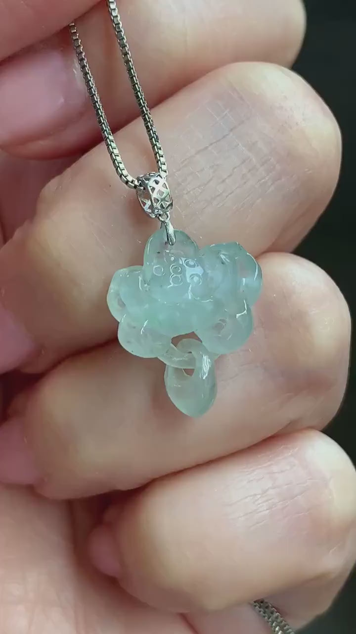 Petite Natural Burmese Icy Highly Translucent Light Green Jadeite Lotus Flower Interlocked Teardrop Pendant 18K White Gold 天然缅甸冰胶晴底翡翠荷花镶嵌吊坠