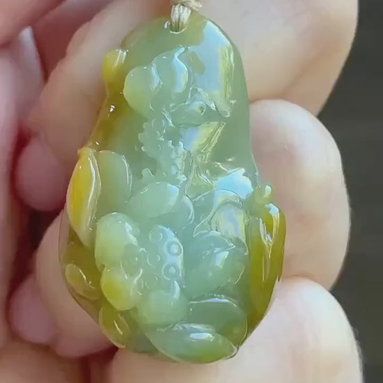 Natural Guatemalan Icy Translucent Vibrant Yellow Two-toned Jadeite Lotus Flower & Praying Monk Pendant Rope Necklace 26” 天然冰危鸡油黄渐变翡翠莲花悟道吊坠