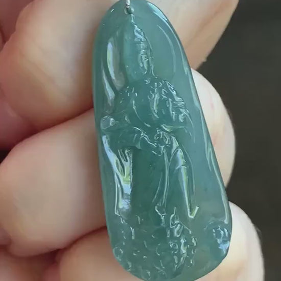 Natural Guatemalan Icy Translucent Gelatinous Teal Blue Jadeite Wen Shu Manjushri Bodhisattva Pendant Sterling Silver 天然冰胶危蓝绿翡翠文殊菩萨吊坠 B